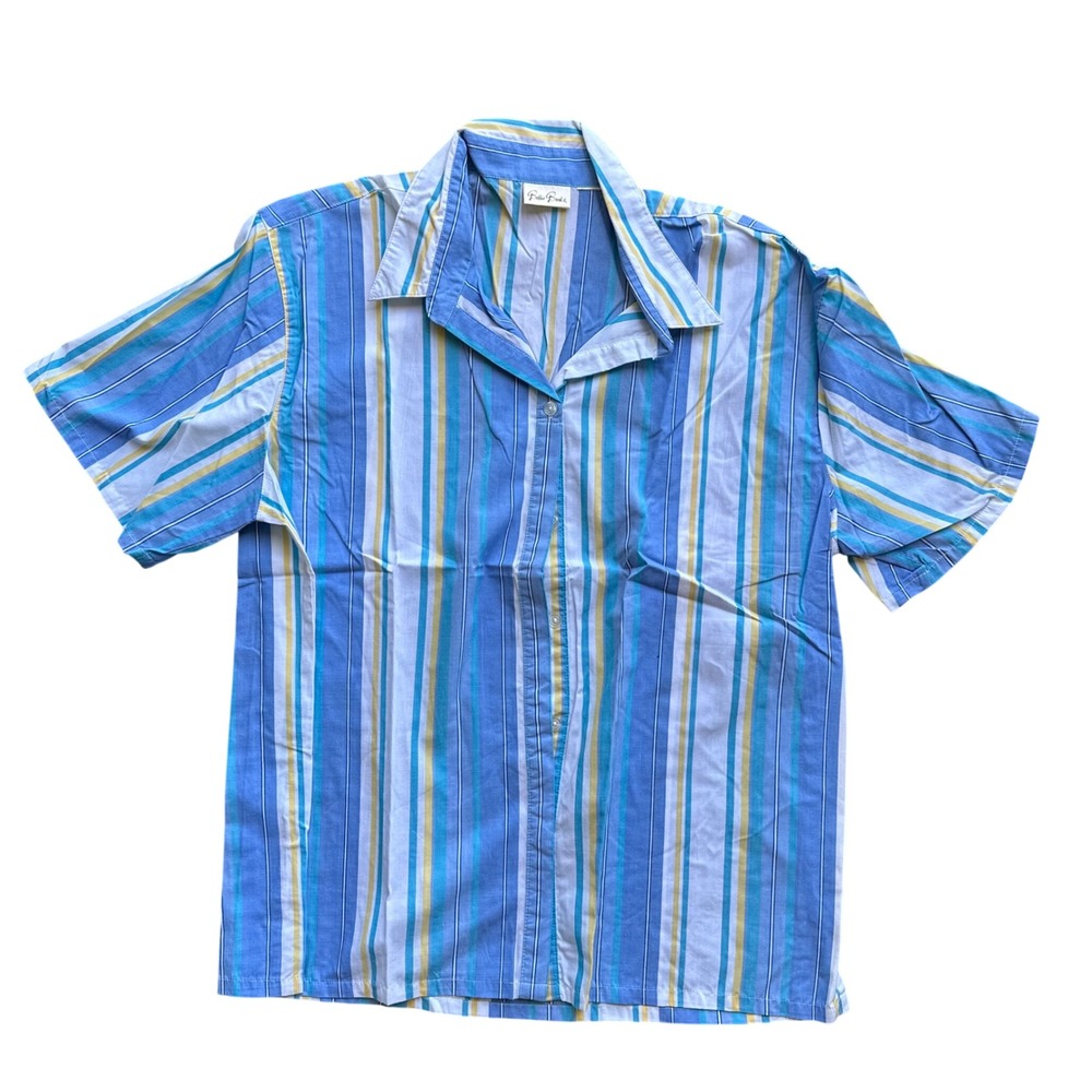 Vintage Peter Pan Blue Yellow Striped Button Down Short Sleeve Shirt Large